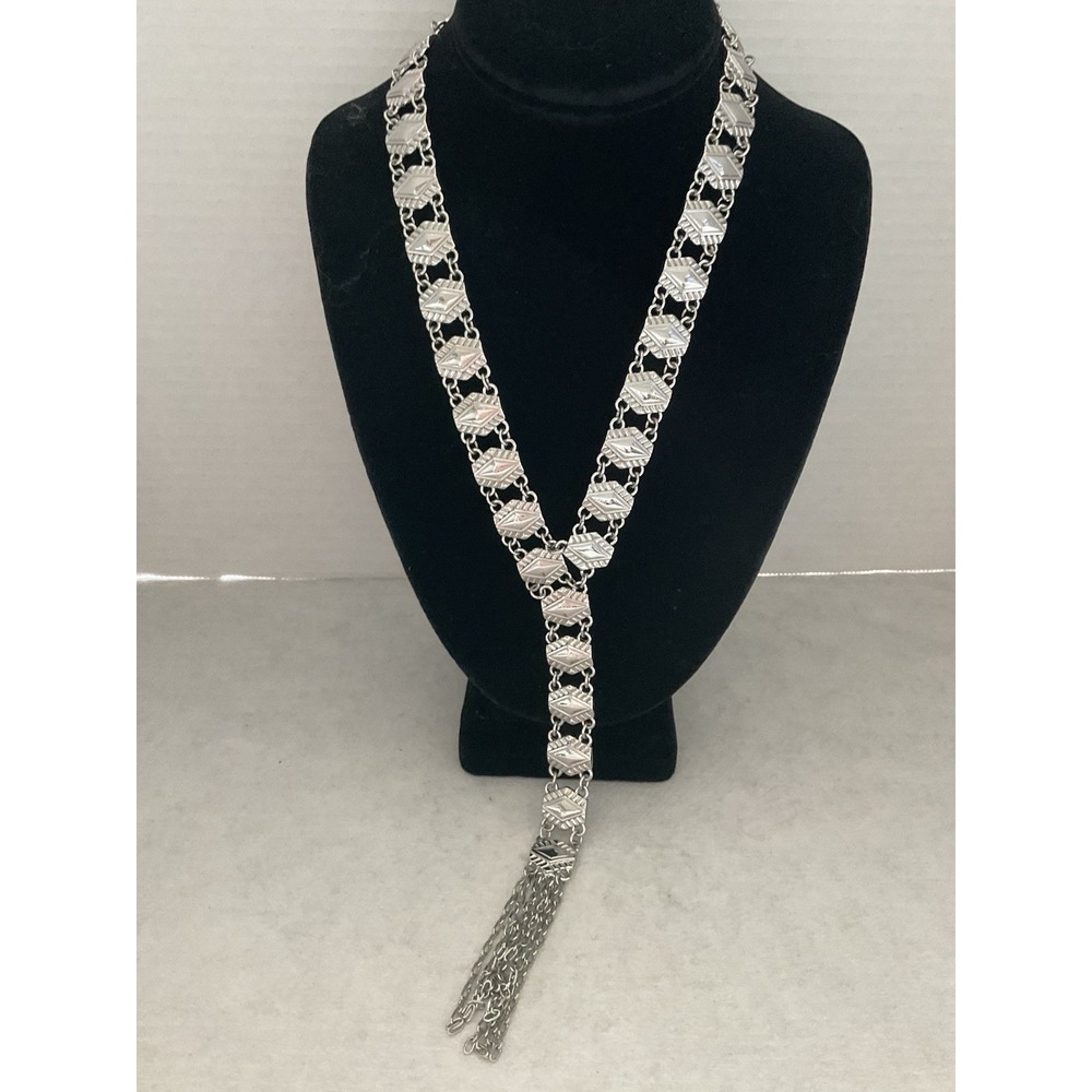 White House Black Market Silver Tone Long Tassel Statement Necklace